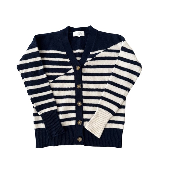 La Ligne New York Striped Wool Blend Cardigan Navy Cream Button Front XS - Picture 5 of 12